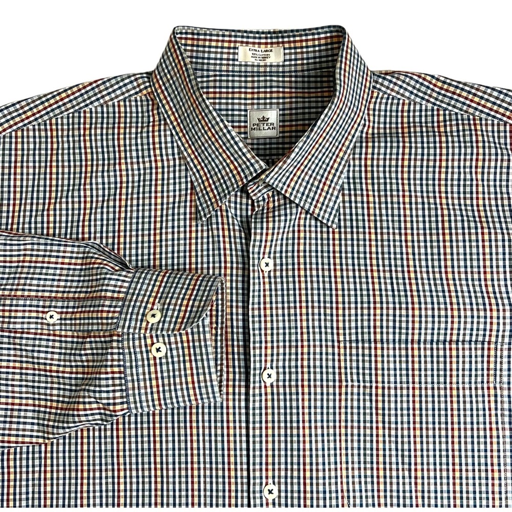 Peter Millar Mens XL Button Down Shirt Multi Color Check Plaid Cotton